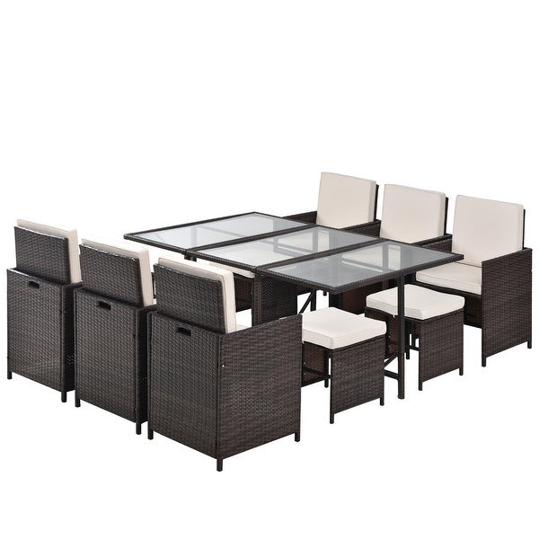 11 Piece Cushioned PE Rattan Wicker Dining Set - Overstock - 35733779