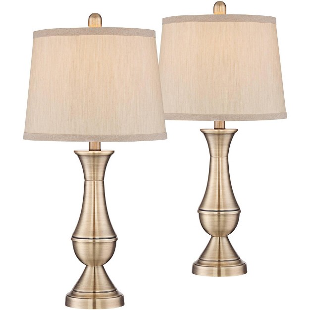 High Set Of 2 Antique Brass Metal Beige Drum Shade For Bedroom Living Room Bedside Nightstand Home