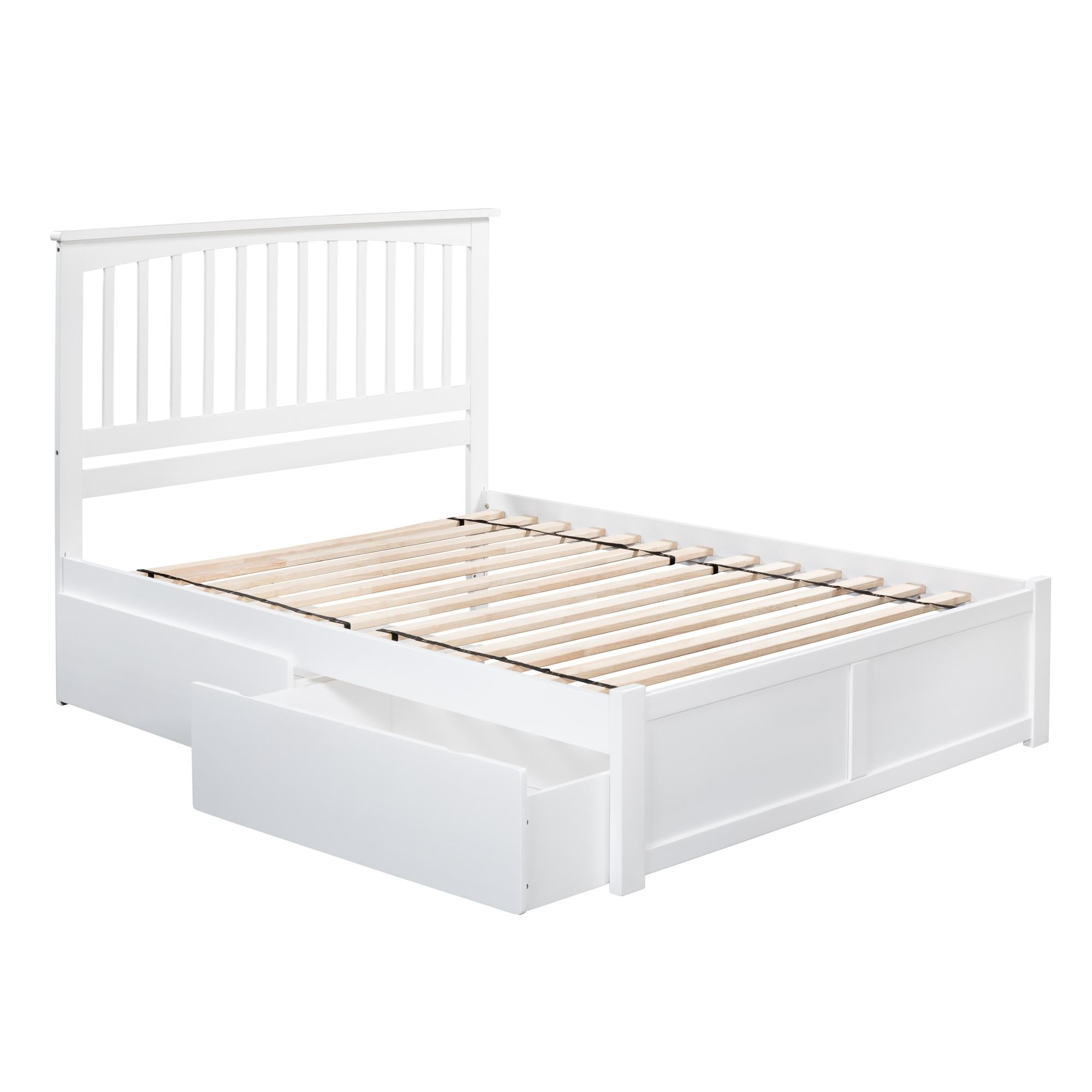 Mission Platform Bed with Flat Panel Foot Board and 2 Urban Bed Drawers, White, Full