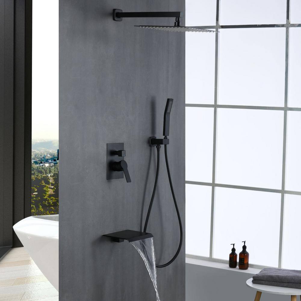 Satico Single-Handle 1-Spray Tub and Shower Faucet with Handheld Shower Combo 12 in. Rain Shower Head in Black (Valve Included) SS88014DA