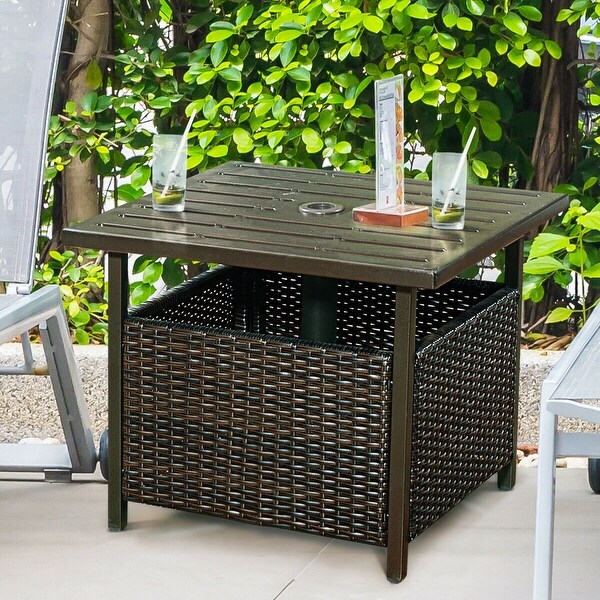 Costway Brown Rattan Wicker Steel Side Table Outdoor Furniture Deck