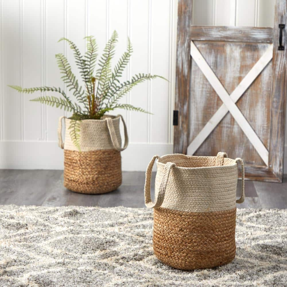 Nearly Natural 12.5 in. Natural Handmade Jute and Cotton Basket Planter 0324-S1