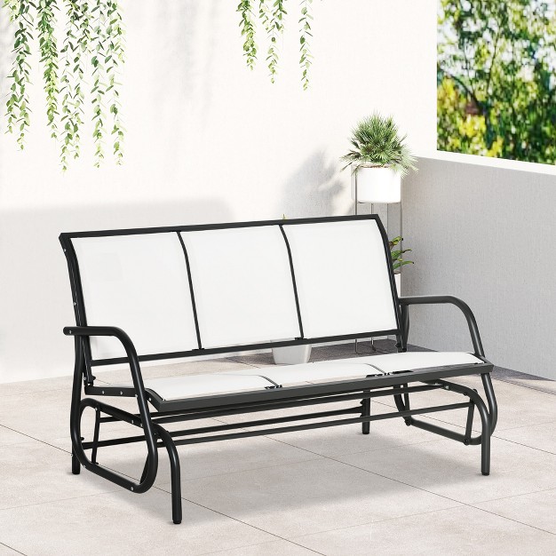 Outsunny Patio Glider Bench Outdoor Porch Glider Swing With 3 Seats Breathable Mesh Fabric Metal Frame Cream White