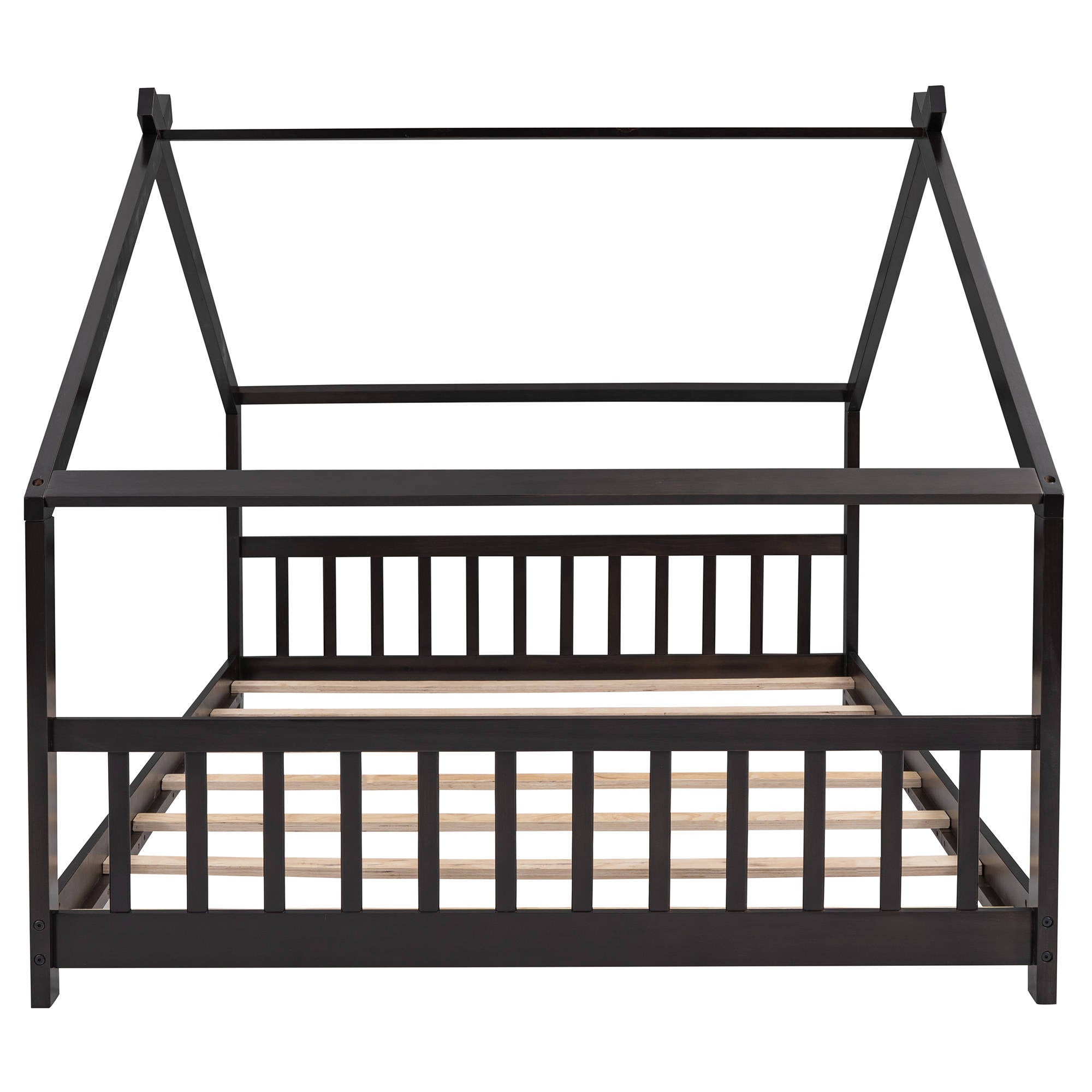 Full Size House Bed, Montessori Style Floor Bed Frame, Wood Kids Fun Playhouse Twin Bed with Headboard and Footboard for Toddlers Girls Boys Teens（Espresso)