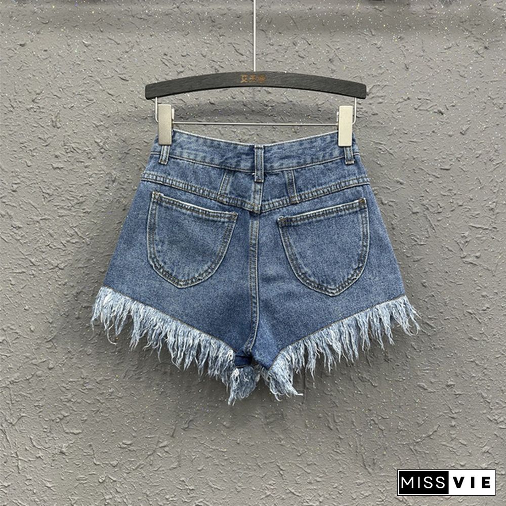 Women's Fashion Brand Vintage Tassel Rivet Ripped High Waisted Short Jeans Punk Sexy Hot Woman Denim Shorts