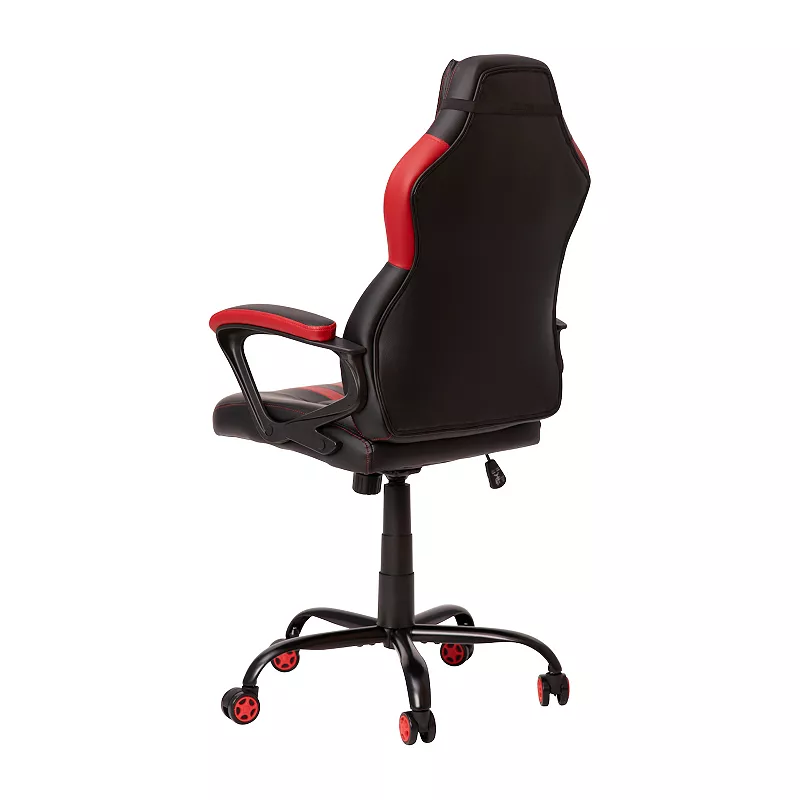 Emma and Oliver Ergonomic High Back Swivel Gaming Chair with Diamond Stitch Black Faux Leather Upholstery with Red Accent Stripes， Padded Arms