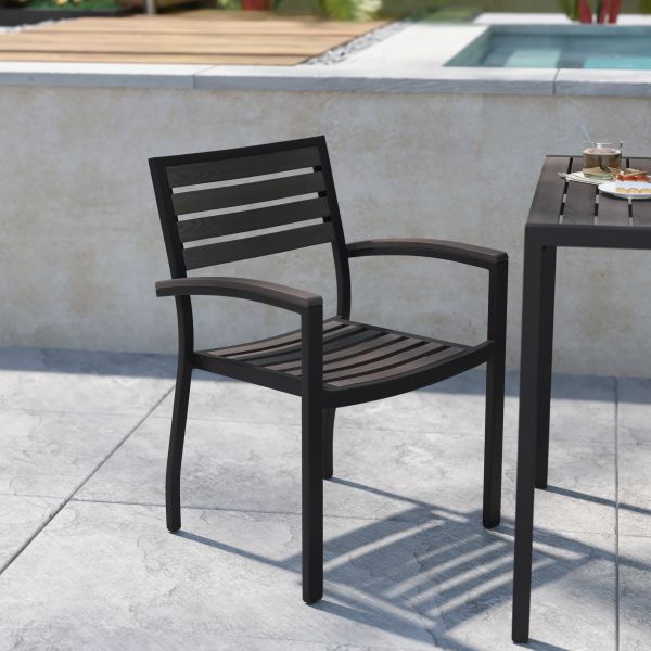 Lark Set of 2 Outdoor Stackable Faux Teak Side Chairs - Commercial Grade Black Aluminum Patio Chairs with Synthetic Gray Wash Faux Teak Slats