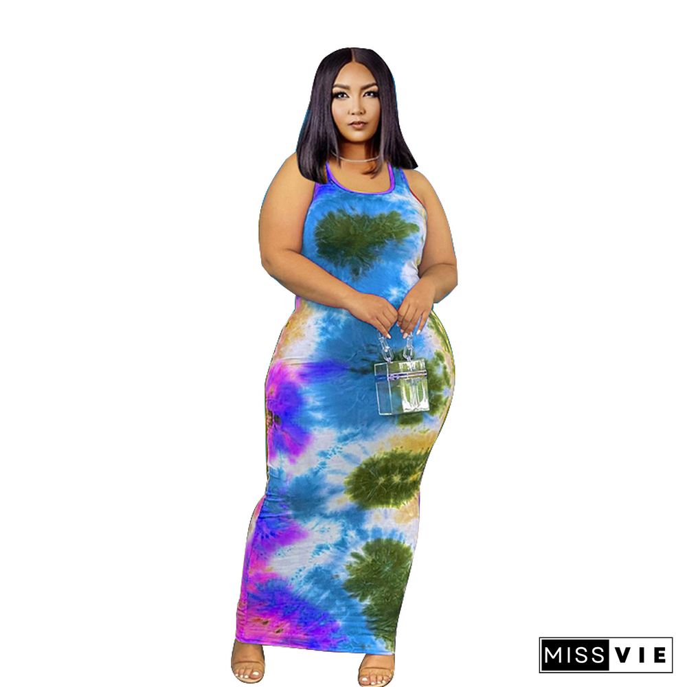 Tie Dye Sleeveless O Neck Plus Size Maxi Dress