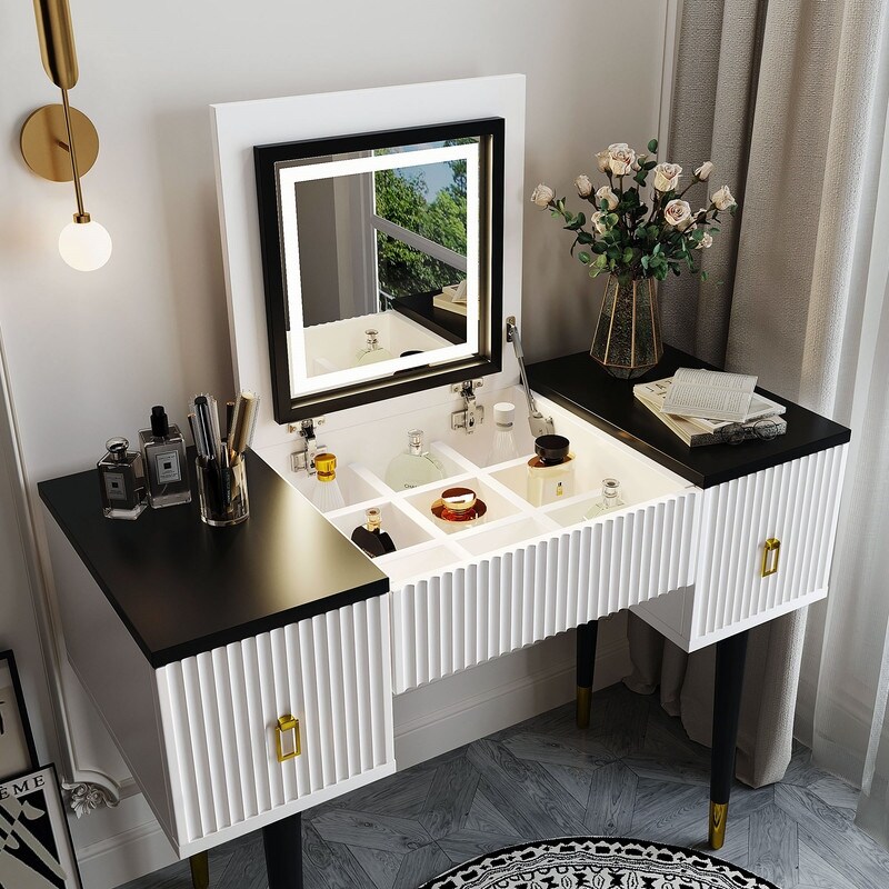 43.3'' Modern Vanity Table Set with Flip top Mirror and LED Light  Customizable Storage