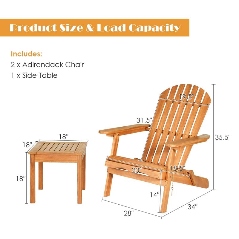 3 Pcs Slatted Design Wooden Adirondack Chair Set with Side Table & 2 Folding Lounger Chairs