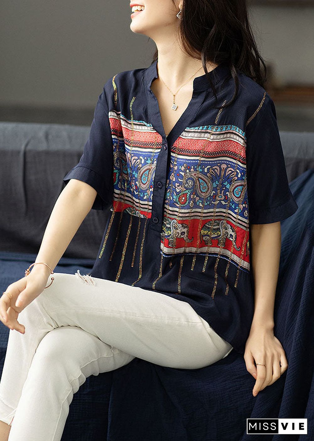 Women Navy Print Zircon Patchwork Cotton Shirt Tops Summer