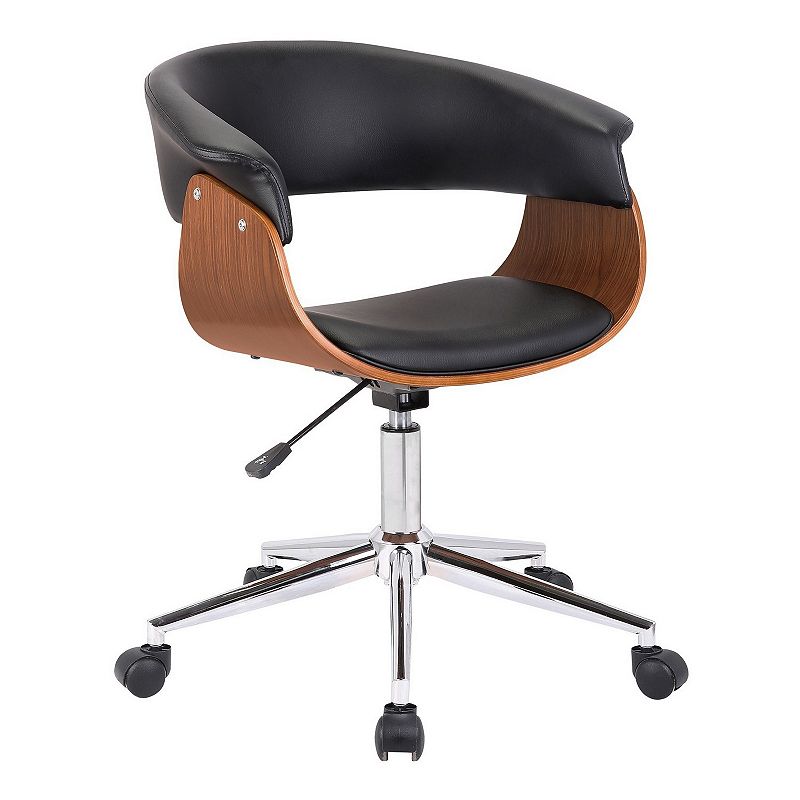 Curved Faux Leather Office Chair with Wooden Support and Star base， Black