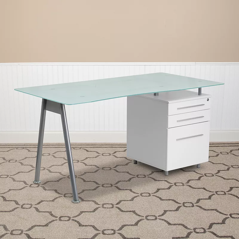 Emma and Oliver Glass Computer Desk with Three Drawer Pedestal