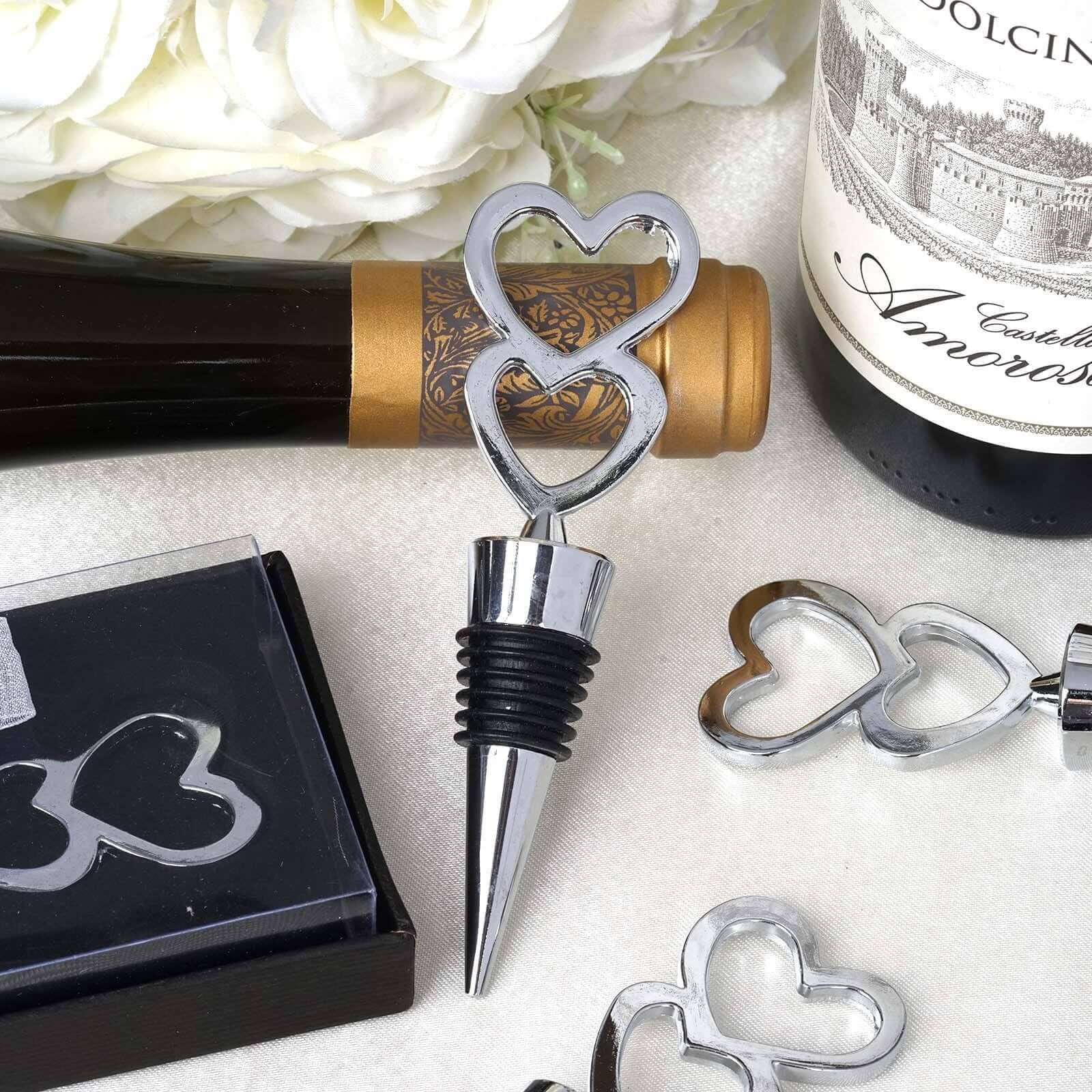 Silver Metal Double Heart Wine Bottle Stopper, Party Favor, Wedding Favor With Velvet Gift Box 5