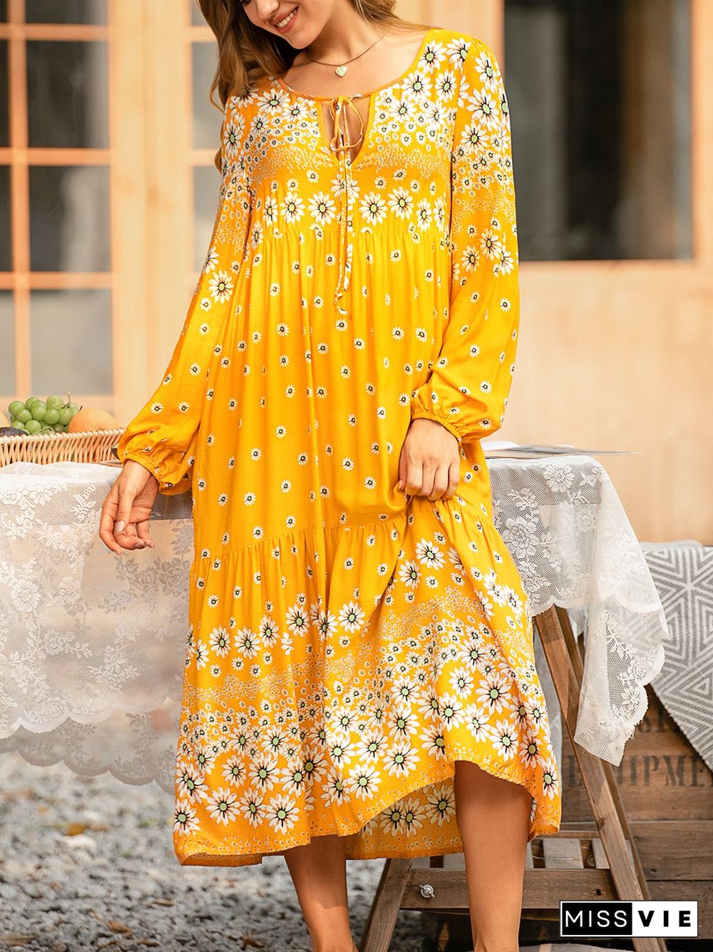 Floral Shift Long Sleeve Boho Weaving Dress