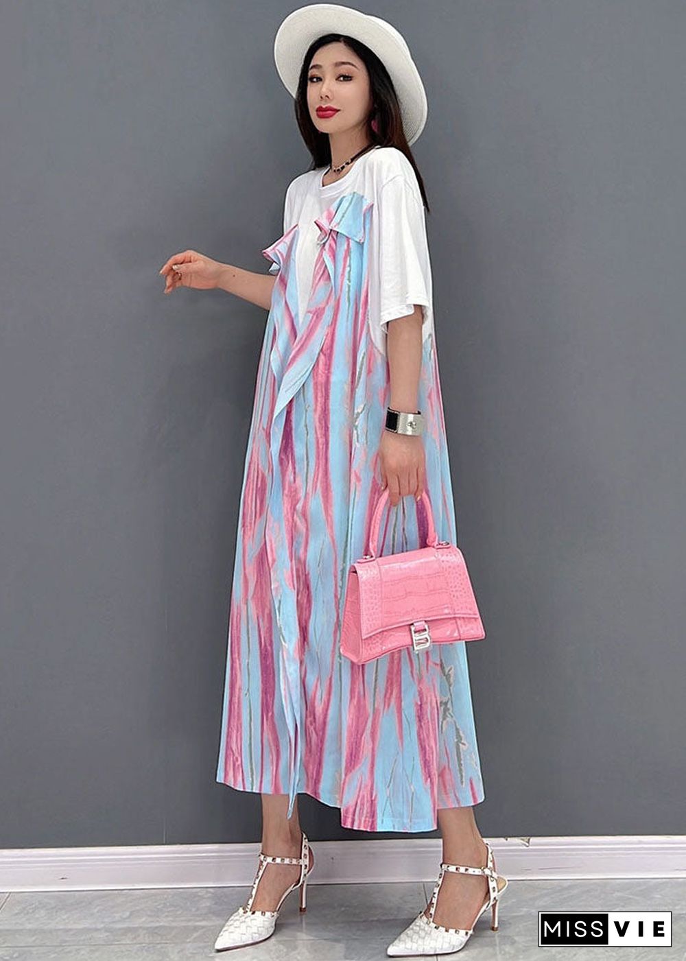 Fine Pink Asymmetrical Patchwork Ruffles Cotton Holiday Dress Short Sleeve