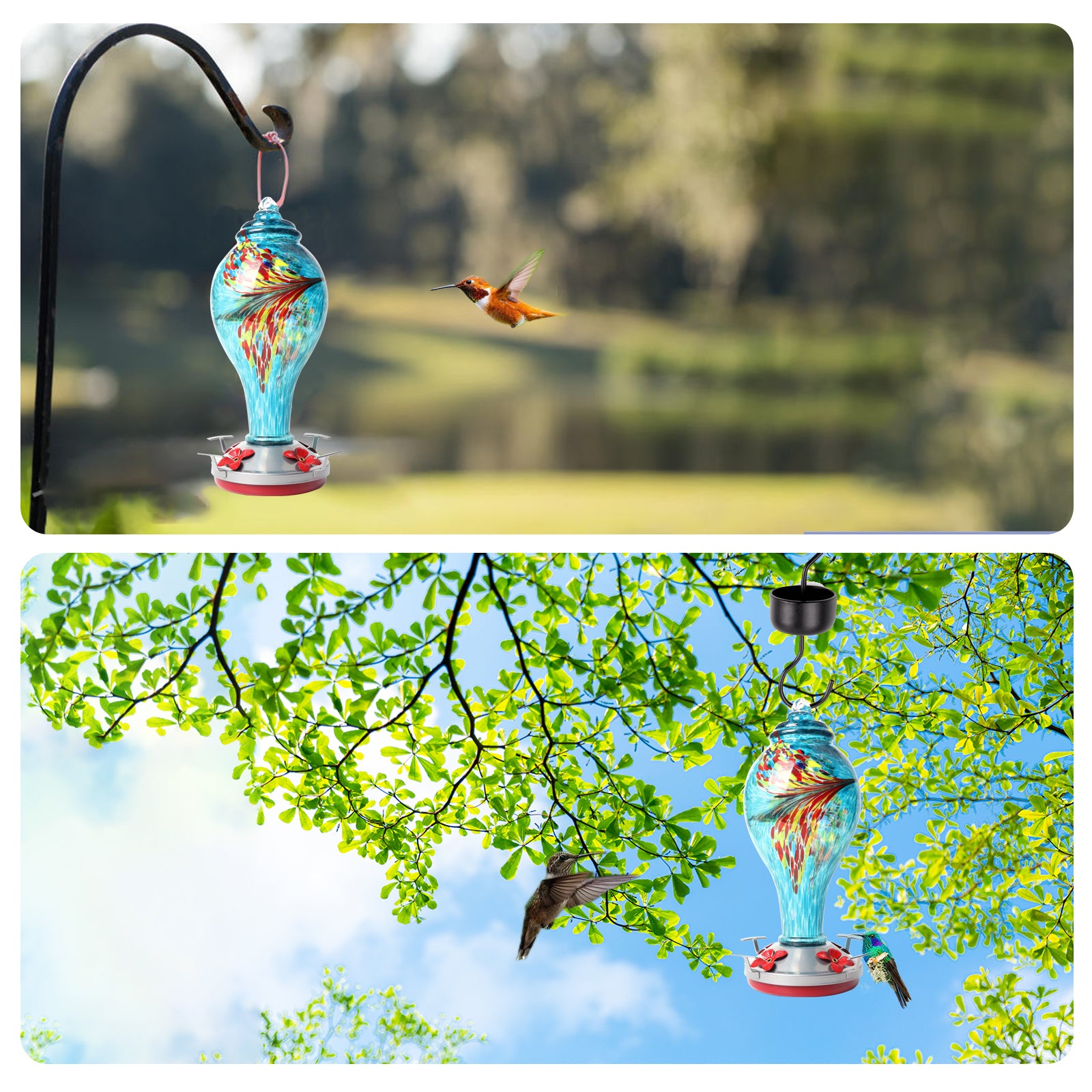 Syeenify  Hummingbird Feeder，Blown Glass Hummingbird Feeders for Outdoors， 36 Ounces