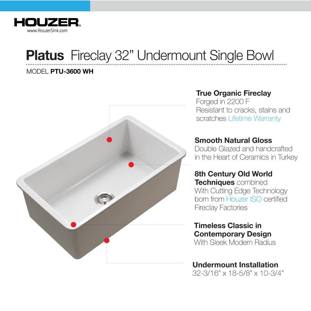 HOUZER White Fireclay 32 in. Single Bowl Undermount Kitchen Sink PTU-3600 WH