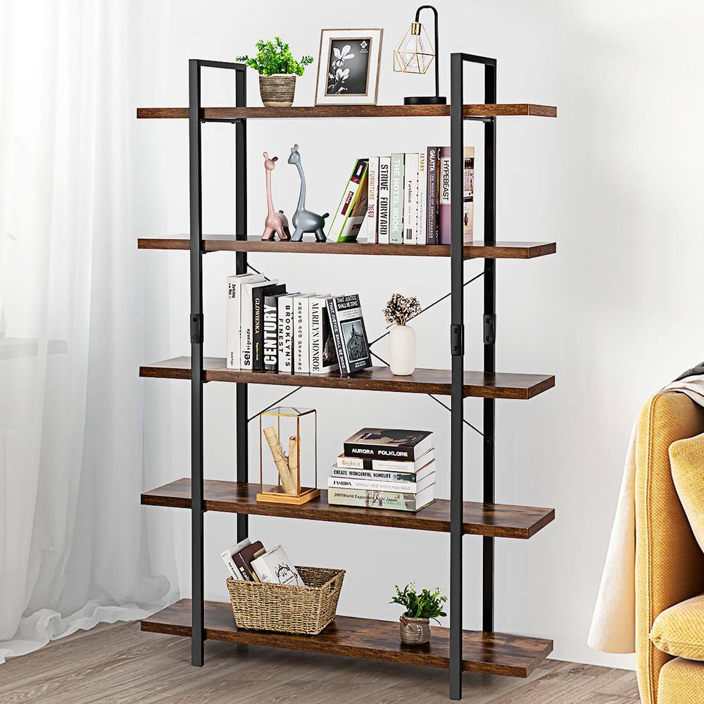 Costway 70 in. Brown Wood 5 -Shelf Standard Bookcase with Anti-tip Device HW65815CF