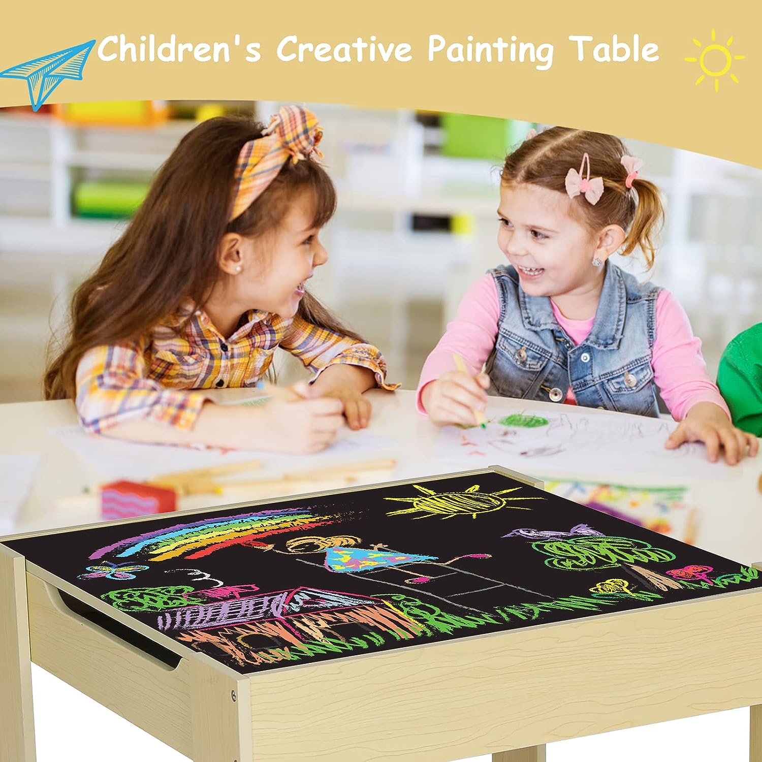 Kids Table and Chairs Set with Storage Drawers, Drawing Black Board Desk