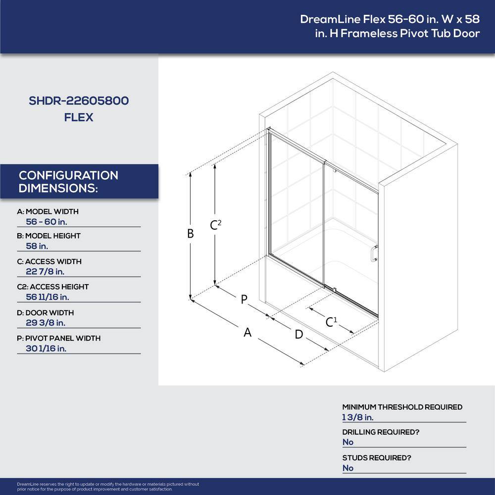 DreamLine Flex 56 in. - 60 in. W x 58 in. H Pivot Semi-Frameless Tub Door in Brushed Nickel SHDR22605800-04