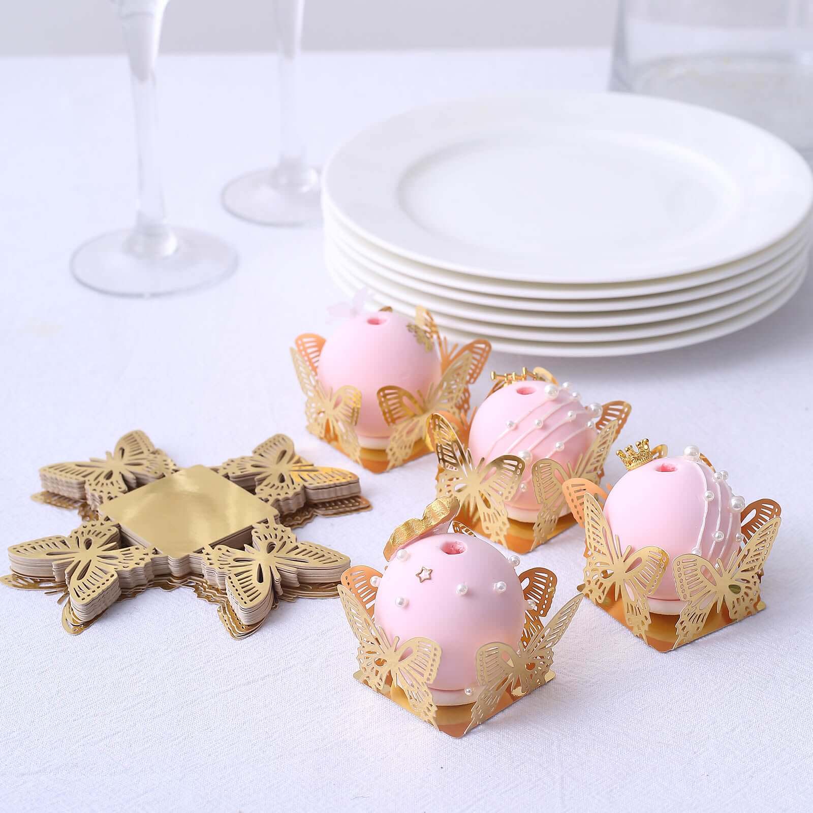 50 Pack Mini Metallic Gold Butterfly Truffle Cup Dessert Liners, Square Cupcake Tray Wrappers 225GSM 4