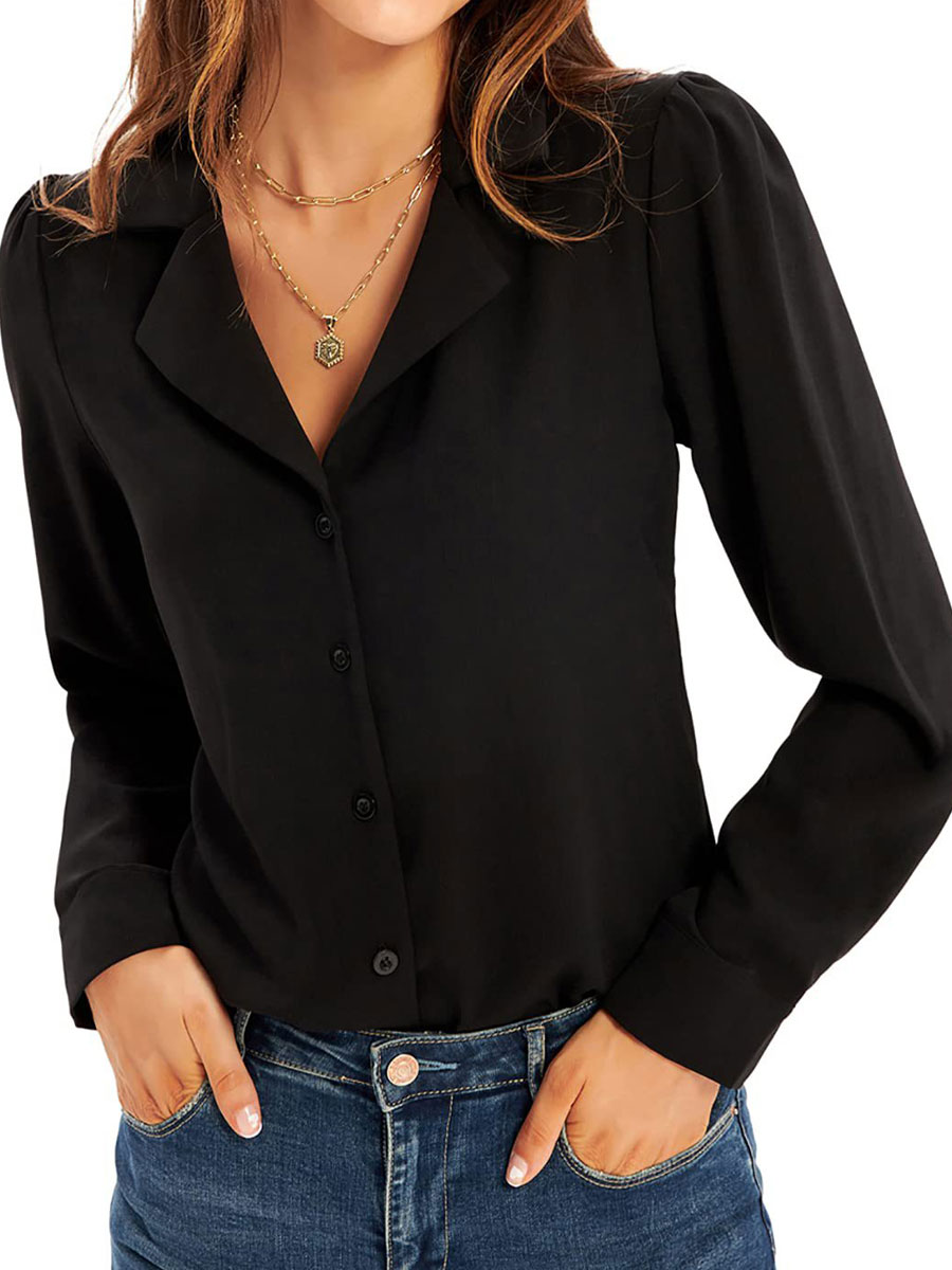 Casual Loose Solid Color Lapel Long Sleeve Blouse