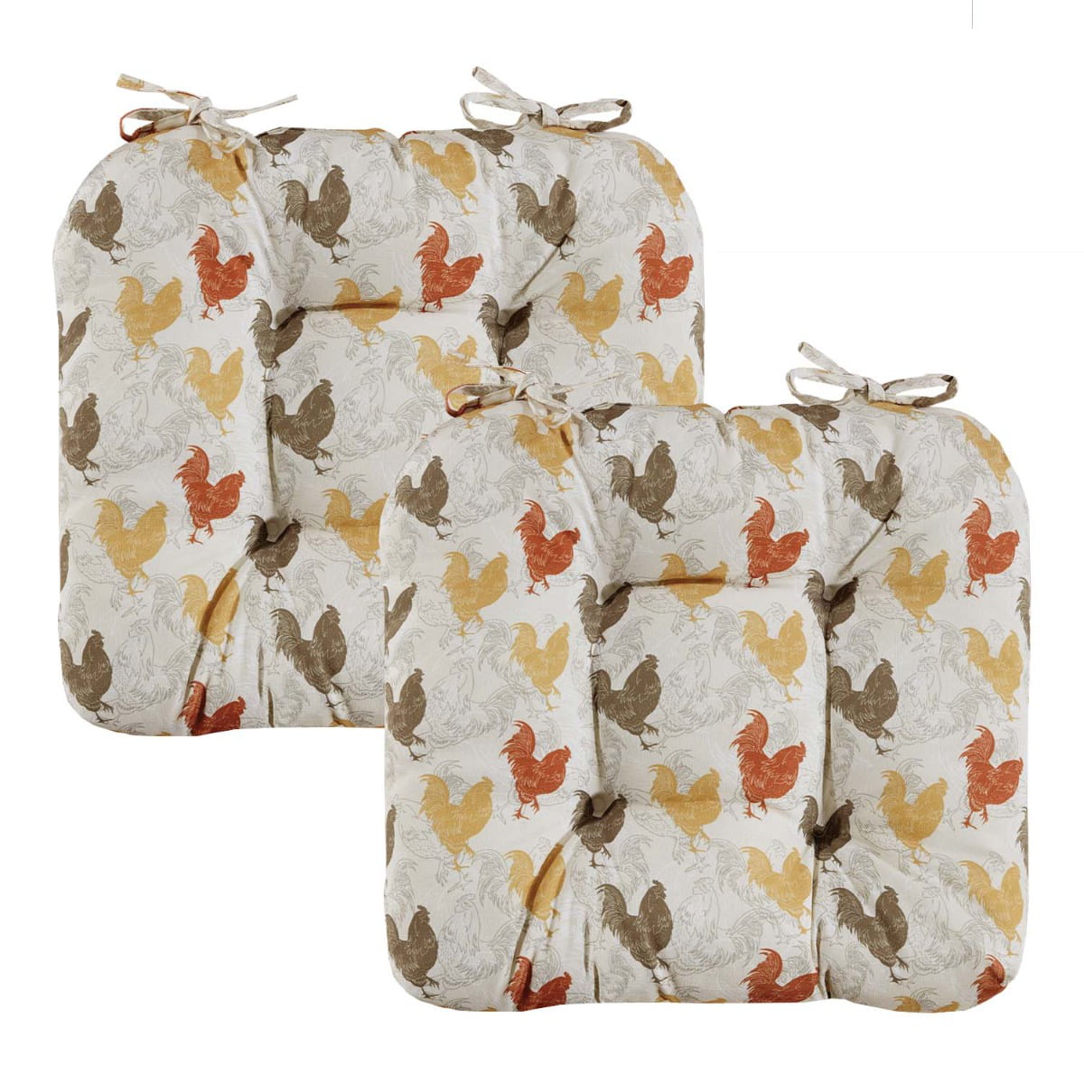 Aubrie Home Accents Rooster Sunday 2-Pack Kitchen Dining Chair Pad Reversible Seat Cushion for Indoor Use with Ties Rustic Country Farmhouse， Brown Tan Yellow