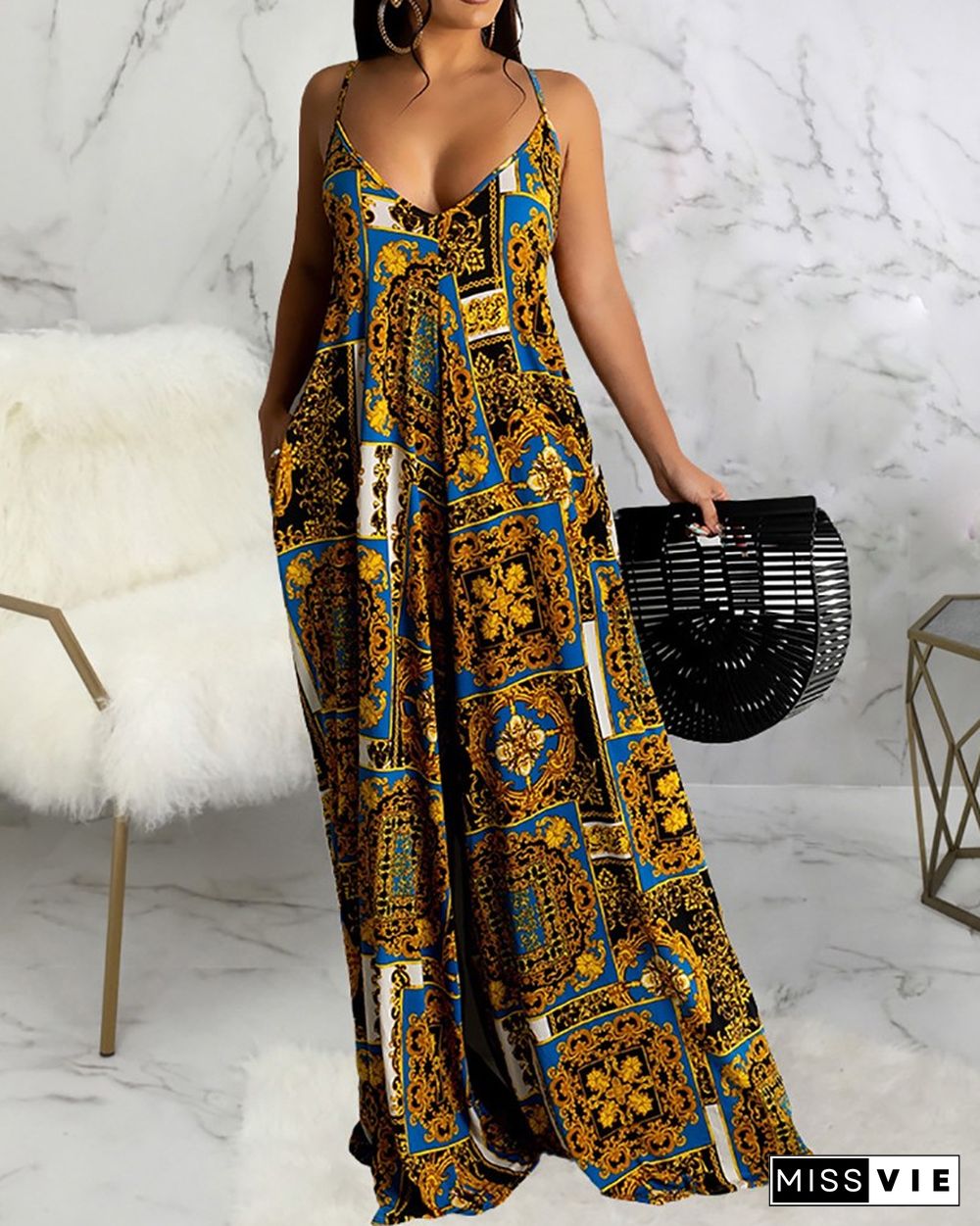 Scarf Print Ruched Sleeveless Maxi Dress