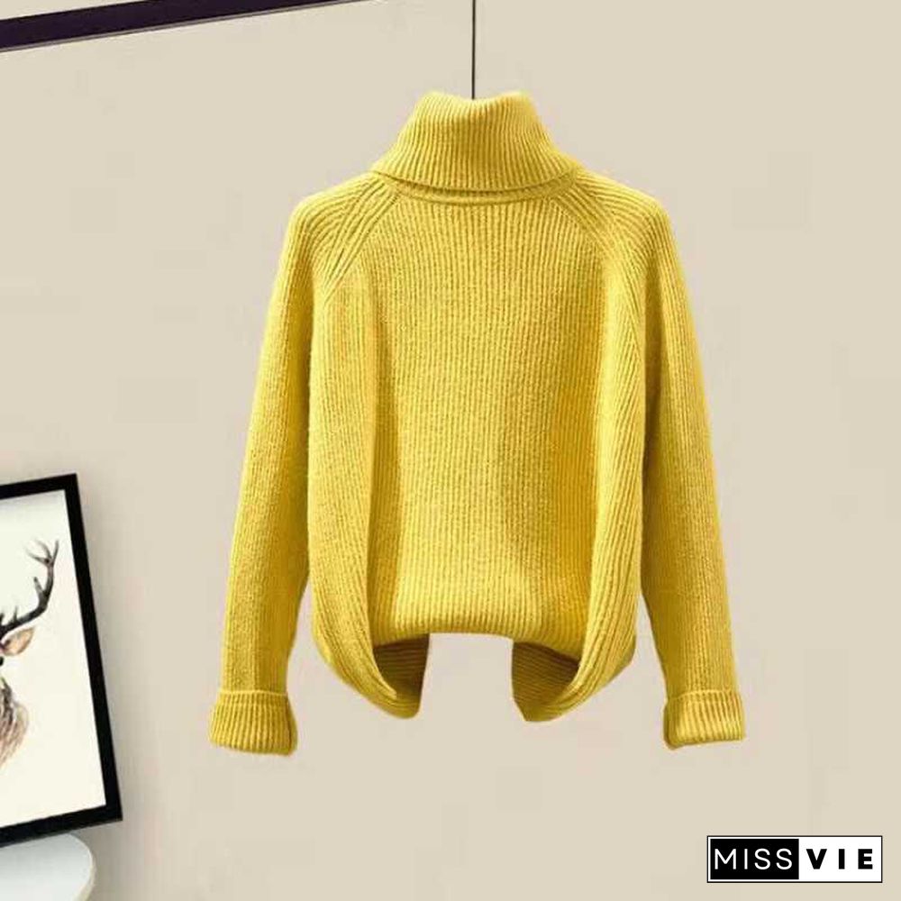 Fleece Hooded Coat Turtleneck Sweater Casual Pants Three Pieces