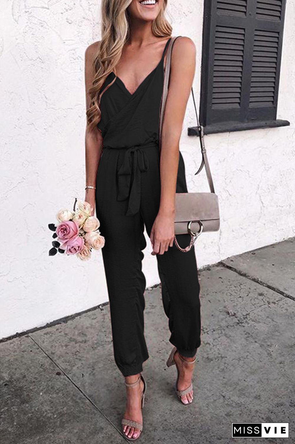 Black Solid Color Slip Jumpsuit With Belt