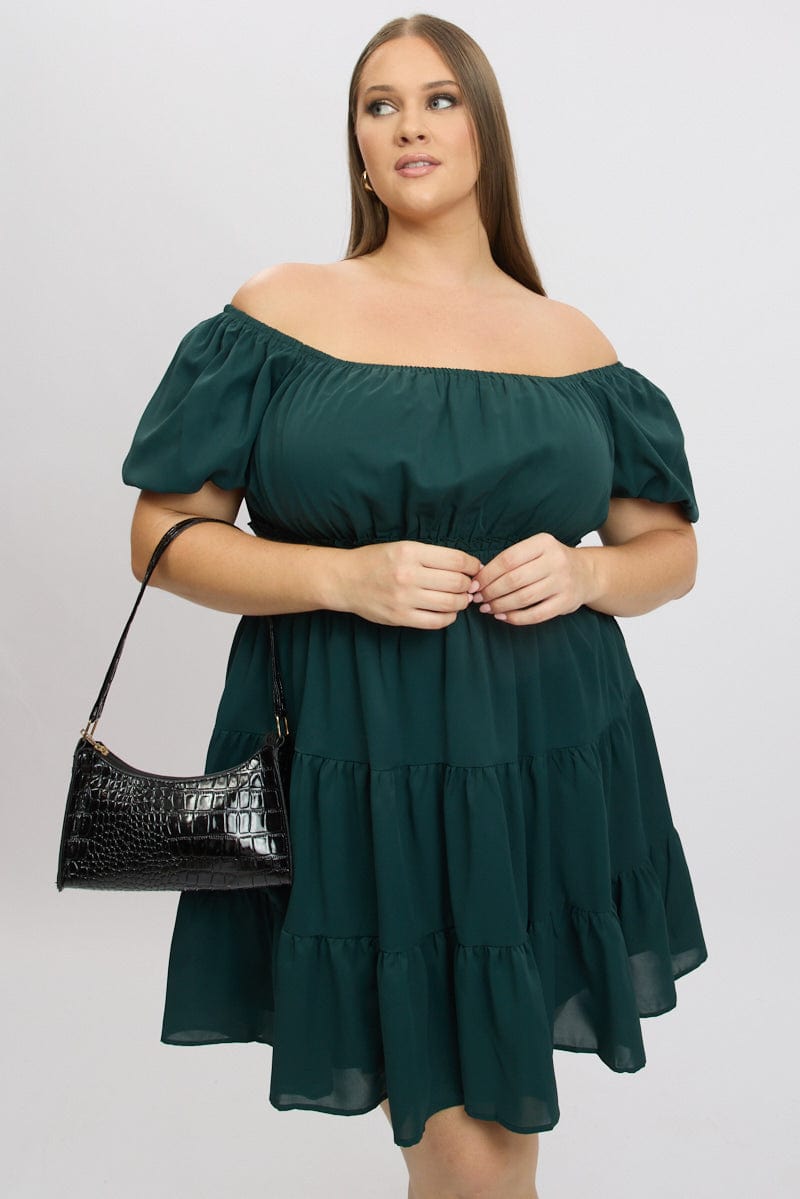 Green Shirred Waistband Tiered Minidress