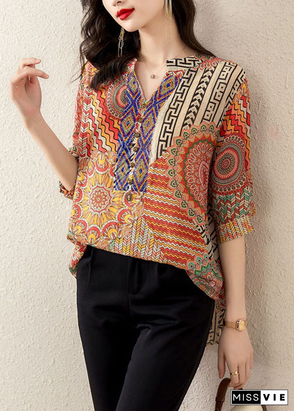 Plus Size Orange V Neck Print Patchwork Chiffon T Shirt Tops Summer