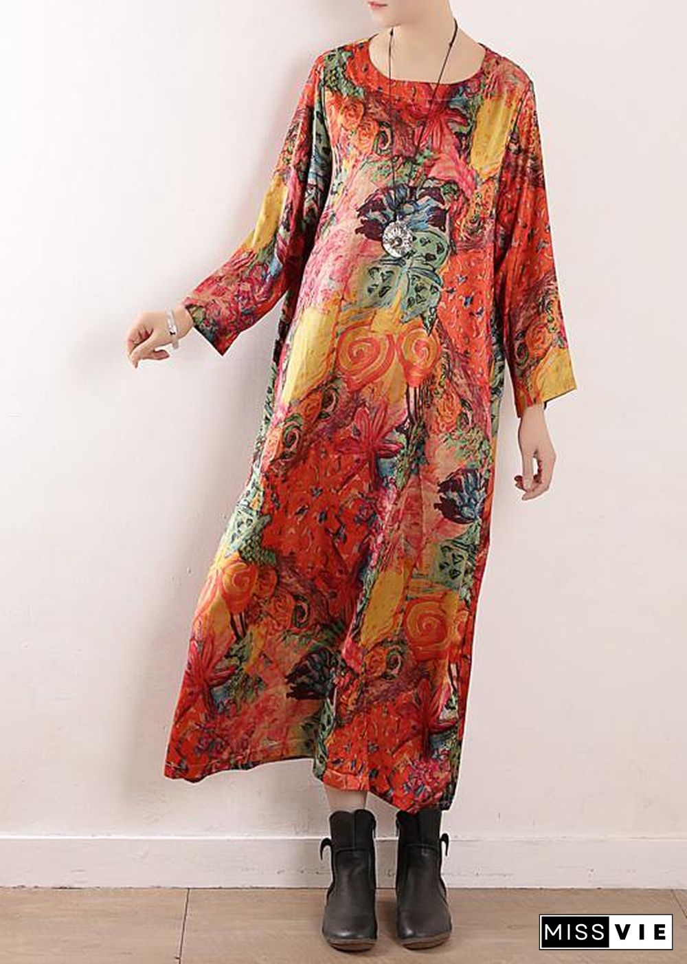 Handmade orange print chiffon Robes Korea Wardrobes o neck Maxi fall Dresses