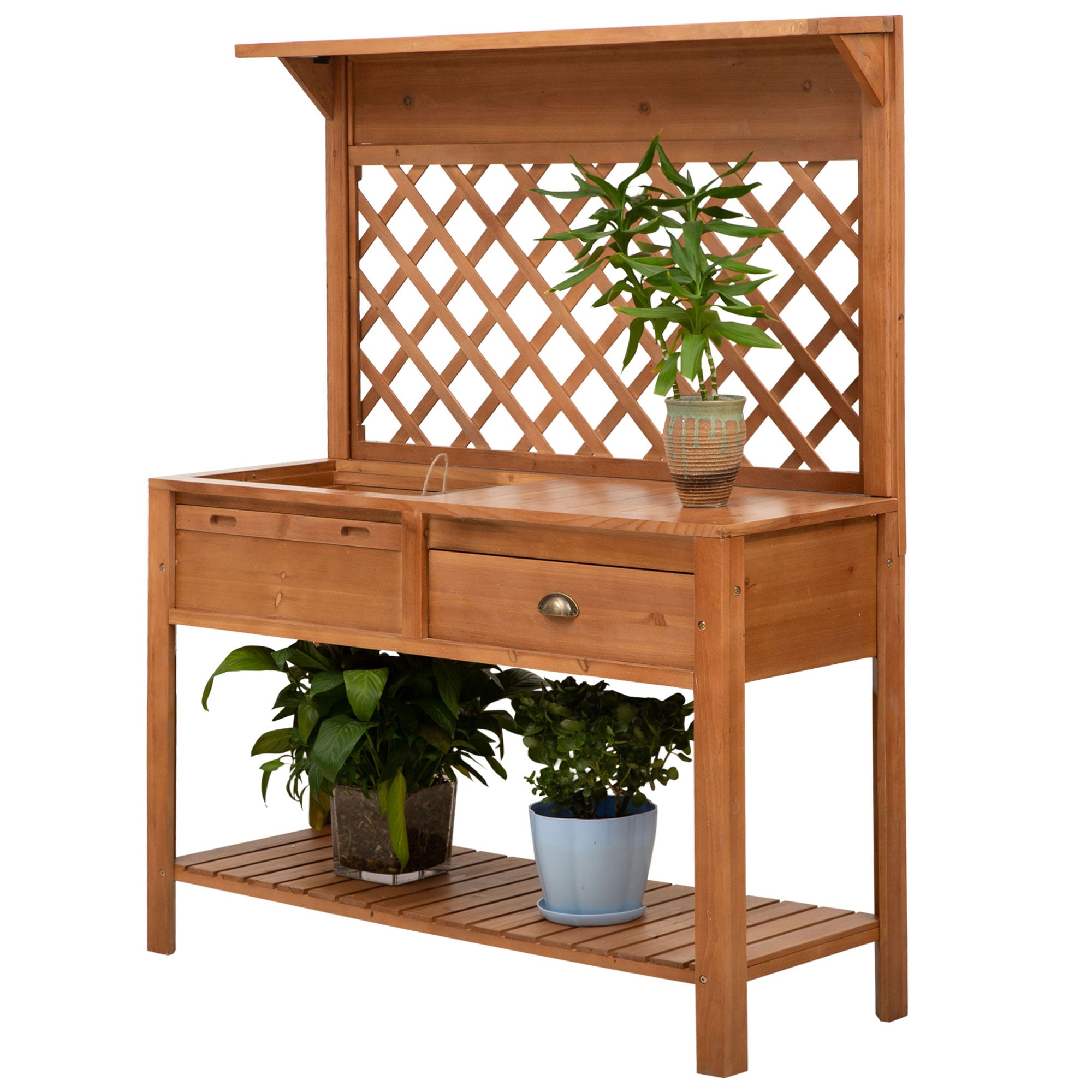 Dcenta 48'' Garden Wooden Potting Bench Table w/ Metal Screen, Draining Area, Side Hooks, Drawer, Open Upper/Lower Shelf