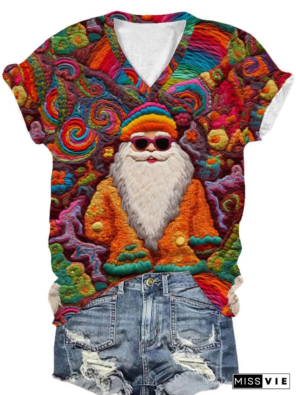 Women's Retro Colorful Santa Print V-Neck T-Shirt