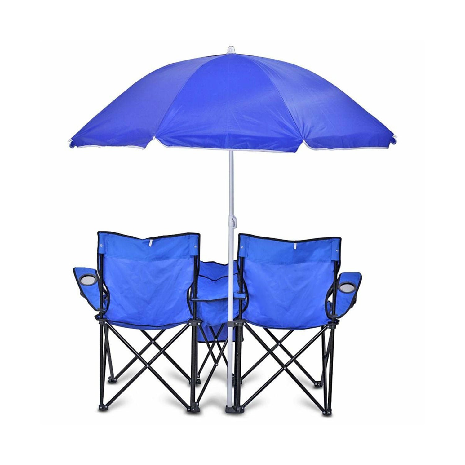 GoTeam Double Folding Camping Chair Set w/ Umbrella & Cooler Bag, Blue(Open Box)