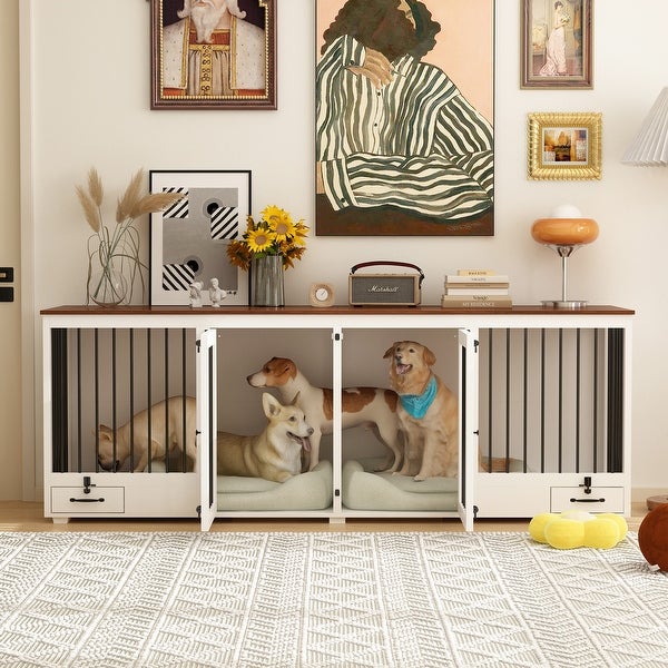 Modern White and Walnut Dog Crate Furniture - Versatile and Stylish - 86.6