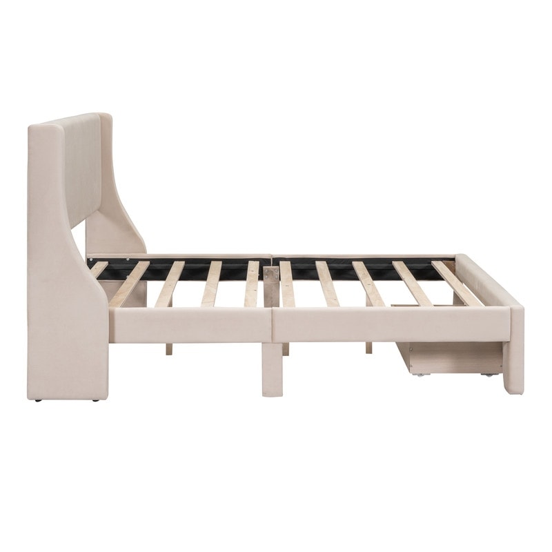 Full Size Bed Frame with A Storage Drawer  Velvet Upholstered Platform Bed with Wingback Headboard and Slat Support