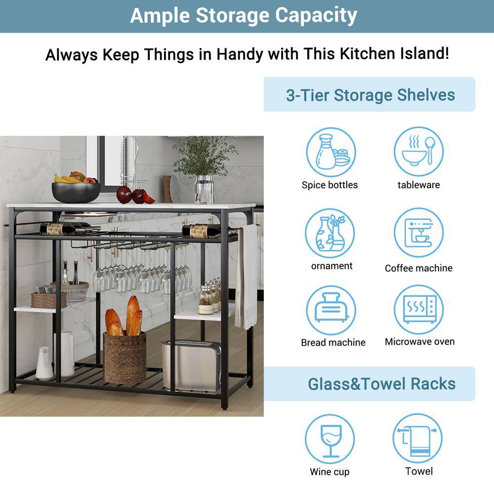 Marble White Kitchen Island Rack Counter Height Prep Table with Glass Racks and Large Worktop KIMW-10104