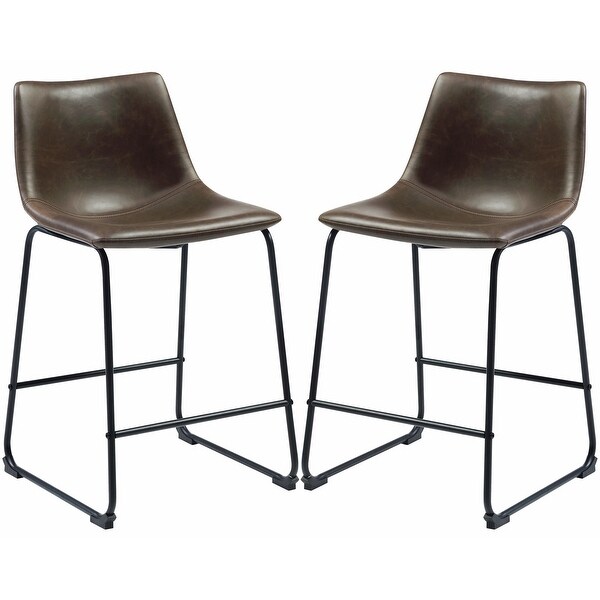 Vintage Black Matal Sled Frame with Brown Leatherette Seat Counter Height Dining Stools (Set of 2)