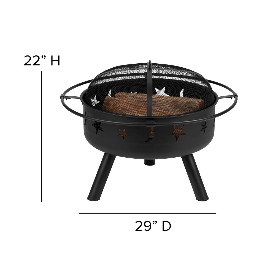 Star and Moon Fire Pit with Mesh Cover   4 Poly Resin Adirondack Chairs