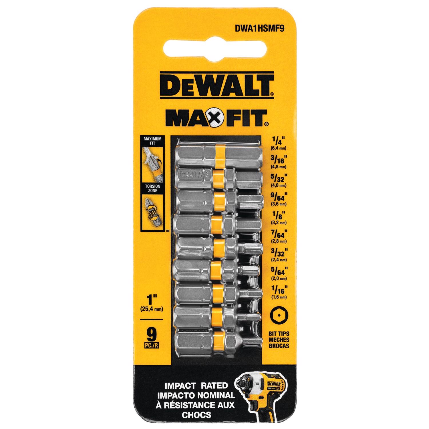 DW Max Fit Hex 1 in. L Screwdriver Bit Set Steel 9 pk