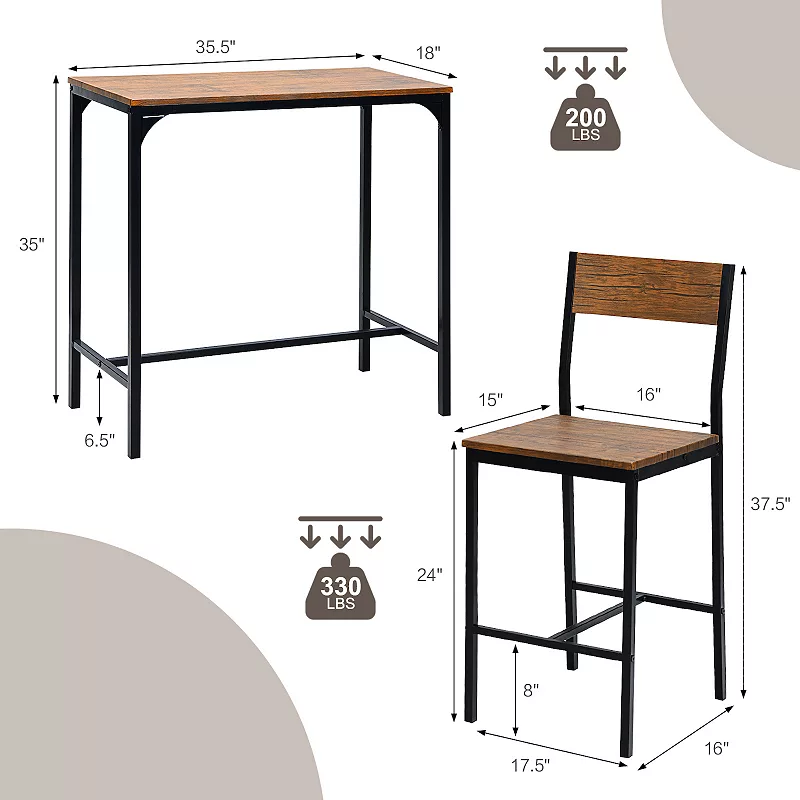 3 Pieces Bar Table Set with 2 Stools