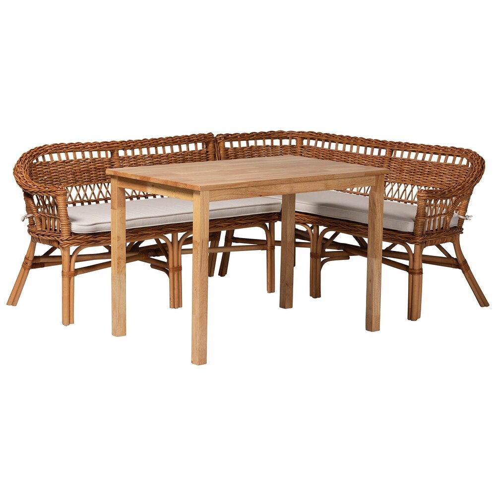 Nella Bohemian Natural Brown Finished Wood and Rattan 3 Piece Dining Nook Set