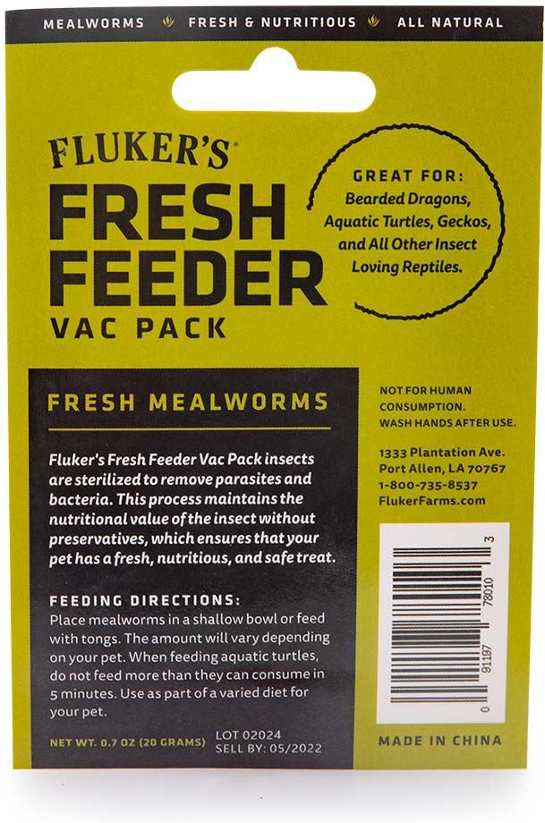 Fluker's Fresh Feeder Vac Pack Mealworms Reptile Food， 0.7-oz bag