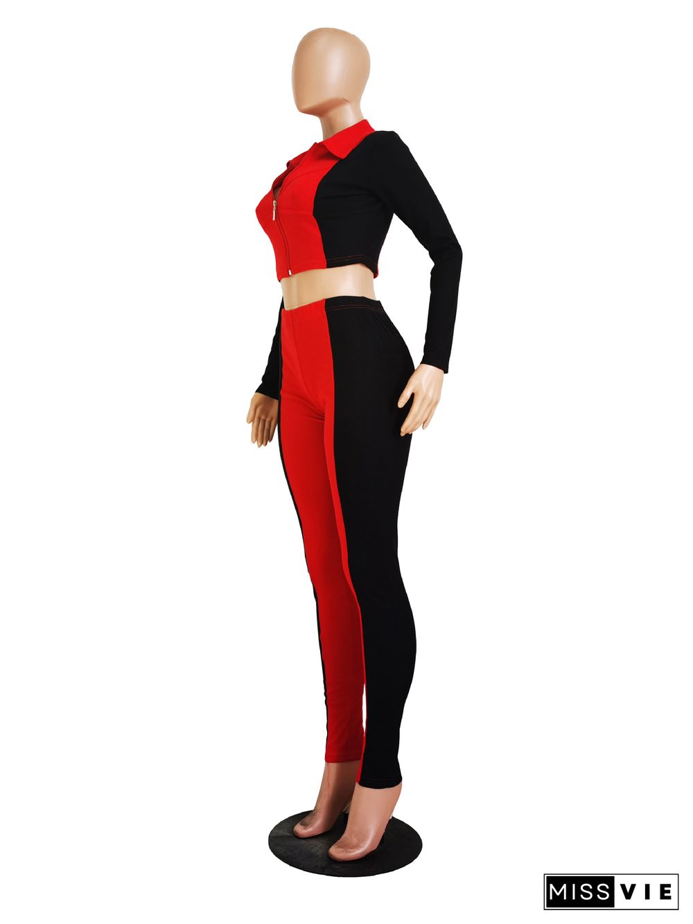 Patchwork Zip Long Sleeve Crop Top Pencil Pants Set