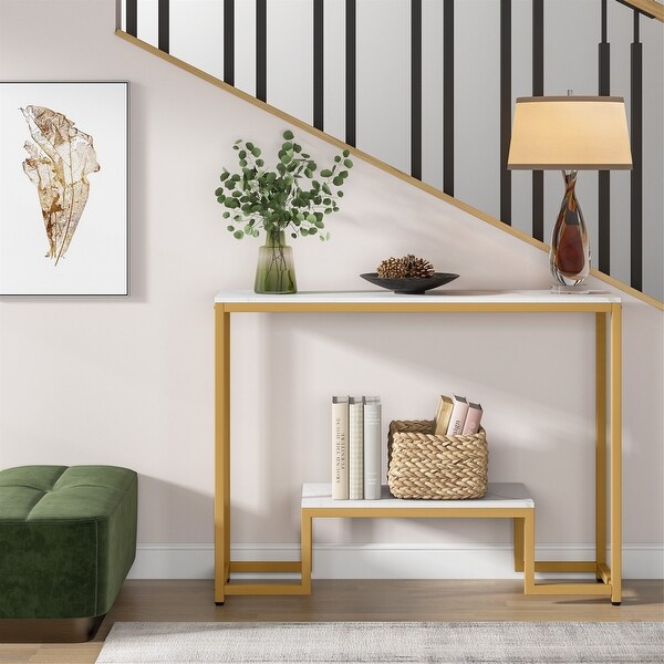 White/ Gold Faux Marble 2-Tier Console Accent Table with Open Storage Shelf， Mid -century Modern Entraway Table