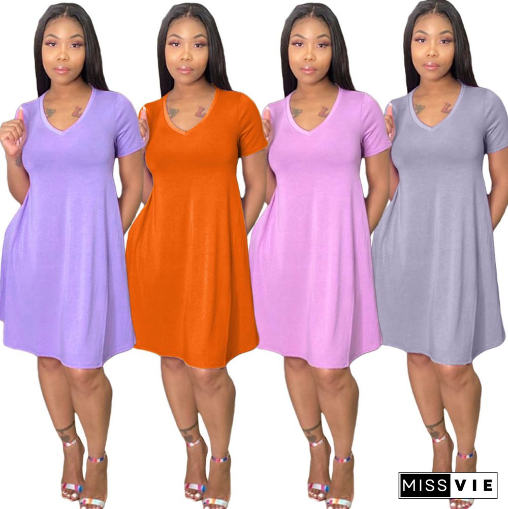 Fashion Loose With Pocket Solid Color V-Neck Short Sleeve Dress