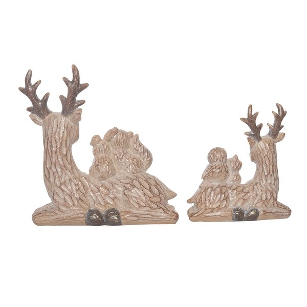 Transpac Resin 11 in. Brown Christmas Laying Woodland Texture Deer Figurine Set of 2